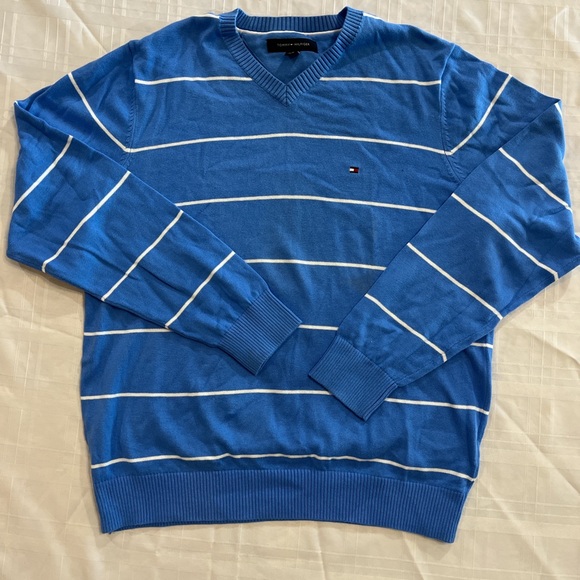 Tommy Hilfiger Men's V-Neck Blue Sweater with White Stripes - Picture 1 of 6